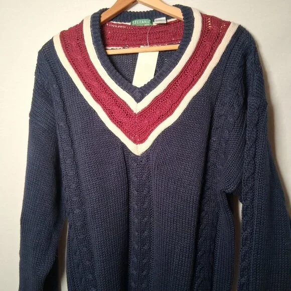 Vintage 90s Stefano Man Sweater L Blue Maroon Cable Knit V Neck Academia Preppy - Picture 3 of 14